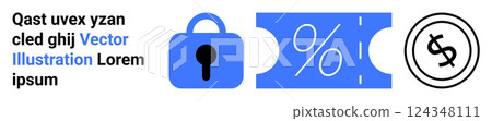 Blue padlock and percentage discount ticket evoke themes of security, savings, finance, money, and ecommerce. Ideal for digital security, marketing, online shopping, finance, and promotions. Banner 124348111