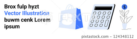 Icon set of a shopping bag shopping outdoor online shopping app a calculator accounting financial management and a plant symbol with dollar sign financial growth. Ideal for retail finance e-commerce 124348112