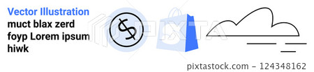 A dollar sign icon represents financial services, a shopping bag with a logo symbolizing e-commerce, and a cloud icon suggesting online services. Ideal for finance, online shopping, cloud technology 124348162