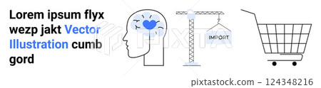 A head with a heart in the brain, a crane labeled import, and a shopping cart. Ideal for education, commerce, global trade, cognitive science, and minimalism. Banner for landing page A head with a heart in the brain, a crane labeled import, and a shopping cart. Ideal for education, commerce, global trade, cognitive science, and minimalism. Banner for landing page 124348216