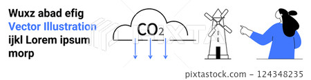 A CO2 cloud diagram with arrows, a windmill, and a person symbolizes sustainable energy solutions and carbon reduction. Ideal for climate change, renewable energy, environment, education, science 124348235