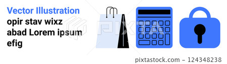Shopping bag calculator and lock in blue and black Ideal for, e-commerce finance security shopping and technology Banner for landing page 124348238