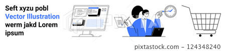Featuring a computer screen with a document, a woman managing tasks and a shopping cart. Ideal for business, e-commerce, productivity, time management, digital solutions. Banner for landing page Featuring a computer screen with a document, a woman managing tasks and a shopping cart. Ideal for business, e-commerce, productivity, time management, digital solutions. Banner for landing page 124348240