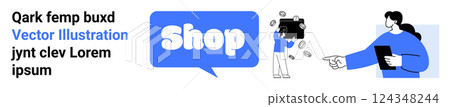 Cartoon-style image with a man holding a clipboard pointing at a shopper carrying a shopping bag. Ideal for marketing, online shopping, e-commerce, promotions, and digital advertising. Banner Cartoon-style image with a man holding a clipboard pointing at a shopper carrying a shopping bag. Ideal for marketing, online shopping, e-commerce, promotions, and digital advertising. Banner 124348244