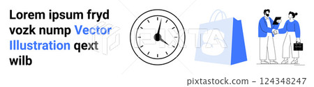 Clock icon, blue shopping bag with letter S, and two people collaborating. Ideal for business, teamwork, time management, online shopping, collaboration .Landing page 124348247