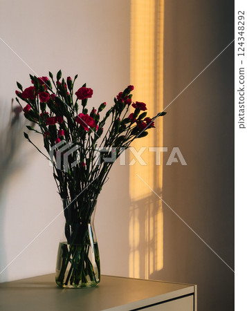 Bouquet of Red Carnations in a glass vase sit on a piece of modern furniture, bathed in the warm glow of sunlight streaming through a nearby window, creating a peaceful and inviting atmosphere  124348292
