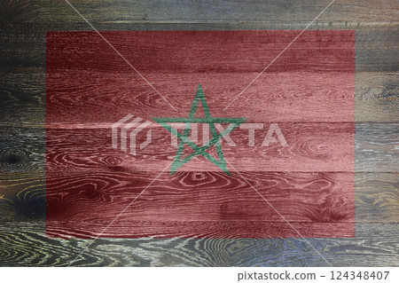 Morocco flag on rustic old wood surface background 124348407