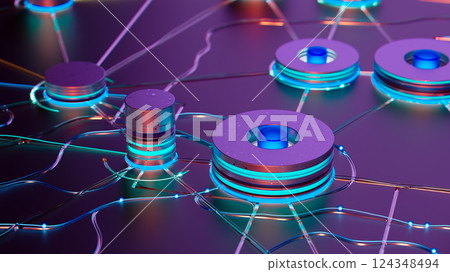 "Futuristic Connections: A Glow of Circles in a Digital Matrix" 124348494