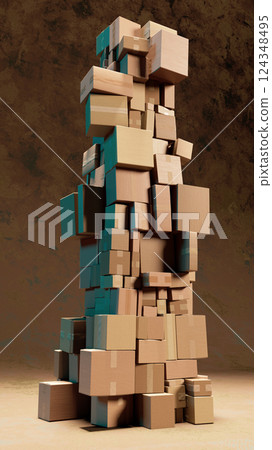 Tall Tower of Stacked Cardboard Boxes Against a Rustic Background 124348495