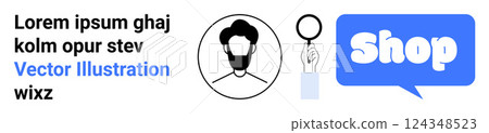 Profile avatar, magnifying glass, and shop symbol in blue. Ideal for e-commerce, online shopping, business services, website banners, and digital marketing. Banner for landing page 124348523
