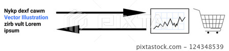 Arrows indicate direction between text, a bar chart, and a shopping cart symbol suggesting a data flow. Ideal for business processes, data analysis, e-commerce, market trends, and process Arrows indicate direction between text, a bar chart, and a shopping cart symbol suggesting a data flow. Ideal for business processes, data analysis, e-commerce, market trends, and process 124348539