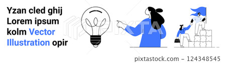 Light bulb representing ideas next to people collaborating and working together. Ideal for business innovation teamwork brainstorming project planning and creative solutions. Banner for landing page 124348545