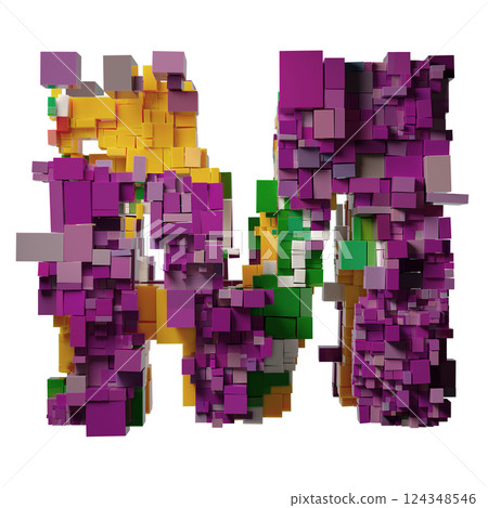 Colorful Pixelated 3D Letter M Composed of Vibrant Cubic Blocks 124348546