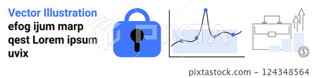 Blue lock icon, analytics graph with measures, and business growth with icons of briefcase and arrows. Ideal for data security, analytics, business development, financial planning, marketing. Banner Blue lock icon, analytics graph with measures, and business growth with icons of briefcase and arrows. Ideal for data security, analytics, business development, financial planning, marketing. Banner 124348564