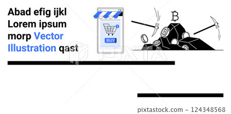 Depicts a mobile shopping cart icon and pickaxes mining cryptocurrency. Ideal for e-commerce, digital currency, online shopping, technology, and finance. Banner for landing page Depicts a mobile shopping cart icon and pickaxes mining cryptocurrency. Ideal for e-commerce, digital currency, online shopping, technology, and finance. Banner for landing page 124348568