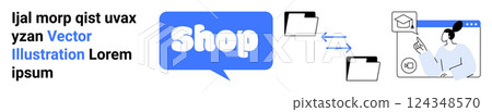 Shop speech bubble with two folders connected to a person using a computer. Ideal for e-commerce, digital communication, data transfer, online education and technology. Banner for landing page Shop speech bubble with two folders connected to a person using a computer. Ideal for e-commerce, digital communication, data transfer, online education and technology. Banner for landing page 124348570