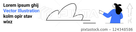 Minimalistic design with a woman pointing at an ascending arrow beside a cloud and placeholder text. Ideal for business growth productivity future success and digital marketing. Banner for landing 124348586