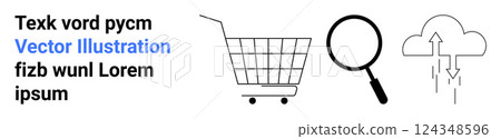 Shopping cart magnifying glass and cloud upload icons against a simple white background Ideal, for e-commerce data storage search functionality and online services Banner for landing page 124348596