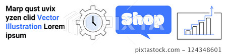 Text beside icons of a clock with gear, speech bubble with Shop and bar chart with increasing graph. Ideal for e-commerce, productivity, business growth, online shopping and time management. Banner Text beside icons of a clock with gear, speech bubble with Shop and bar chart with increasing graph. Ideal for e-commerce, productivity, business growth, online shopping and time management. Banner 124348601