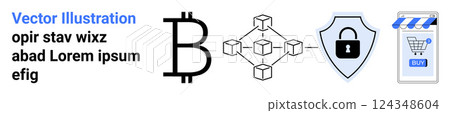 Large Bitcoin symbol next to blockchain, shield with lock, and shopping cart icons. Ideal for cryptocurrency, blockchain technology, online security, e-commerce, fintech. Banner for landing page Large Bitcoin symbol next to blockchain, shield with lock, and shopping cart icons. Ideal for cryptocurrency, blockchain technology, online security, e-commerce, fintech. Banner for landing page 124348604