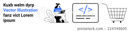 Woman sitting and working on laptop Coding icon next to her Shopping cart on the right Ideal, for technology e-commerce online shopping web development and remote work concepts Banner for landing page 124348605