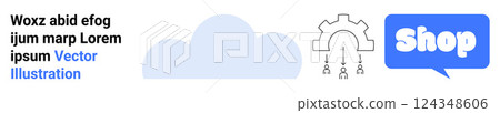 Blue cloud with sample text on left a cogwheel with descending arrows in middle and a blue speech bubble with Shop on right. Ideal for e-commerce cloud computing data management online stores. Banner 124348606