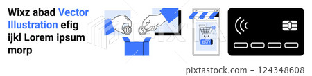 Two hands exchanging goods, a shopping cart on a mobile screen, and a contactless credit card. Ideal for e-commerce, online payments, digital shopping, secure transactions, and cashless technology 124348608