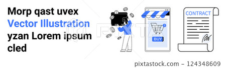 Person collecting coins, online shopping cart, and contract document. Ideal for e-commerce, business transactions, financial management, contracts, and digital services. Banner for landing page 124348609