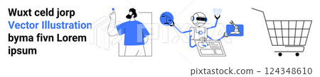 Cartoon of a customer service agent, a robot handling various tasks and an empty shopping cart. Ideal for technology, ecommerce, customer support, AI integration and digital marketing. Banner 124348610