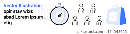Features simplified people icons, a stopwatch, and a shopping bag. Ideal for time management, team coordination, shopping, business, and e-commerce themes. Landing page 124348623