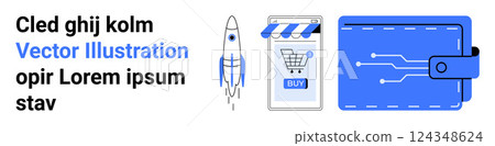 Rocket symbolizes innovation and growth. Online store with a shopping cart represents e-commerce. Digital wallet signifies financial technology. Ideal for technology finance e-commerce innovation 124348624
