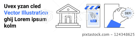 Text, a bank building, an online shopping storefront on a mobile device, and a hand holding a DEFI coin. Ideal for finance, e-commerce, mobile apps, technology, cryptocurrencies. Banner for landing Text, a bank building, an online shopping storefront on a mobile device, and a hand holding a DEFI coin. Ideal for finance, e-commerce, mobile apps, technology, cryptocurrencies. Banner for landing 124348625