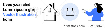 Text in black and blue alongside a simple house, a neutral face emotion, and a person pointing right. Ideal for conceptual design, user interface, communication, guidance, and architecture. Banner Text in black and blue alongside a simple house, a neutral face emotion, and a person pointing right. Ideal for conceptual design, user interface, communication, guidance, and architecture. Banner 124348628