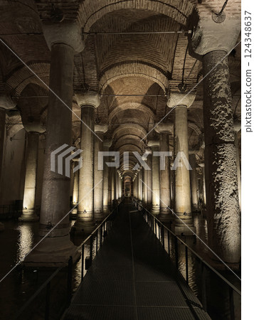 Basilica Cistern with Illuminated Ancient Columns and Water, Istanbul, Turkey 124348637