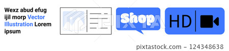 Combination of text, image placeholders, shop icon, and HD video icon. Ideal for e-commerce, digital marketing, web design, video content creation, and user interface design. Banner for landing page Combination of text, image placeholders, shop icon, and HD video icon. Ideal for e-commerce, digital marketing, web design, video content creation, and user interface design. Banner for landing page 124348638