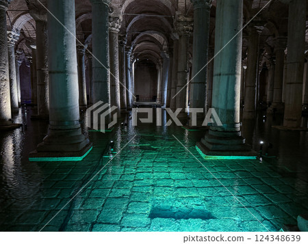 Basilica Cistern with Illuminated Ancient Columns and Water, Istanbul, Turkey 124348639