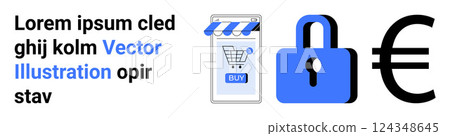 Smartphone with a shopping cart icon and a buy button, a blue padlock, and a large euro symbol. Ideal for online shopping mobile commerce financial security payment methods and digital transactions Smartphone with a shopping cart icon and a buy button, a blue padlock, and a large euro symbol. Ideal for online shopping mobile commerce financial security payment methods and digital transactions 124348645