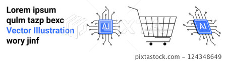 Shopping cart with AI microchips symbolizing the integration of artificial intelligence in e-commerce. Ideal for e-commerce, technology, AI, shopping innovations, digital transformation. Banner 124348649