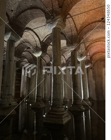 Basilica Cistern with Illuminated Ancient Columns and Water, Istanbul, Turkey 124348650