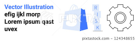 Blue shopping bag symbol with a white letter S white gear symbol and the word RISK in blue theme with grey sample text. Ideal for business e-commerce risk management design and marketing. Landing 124348655