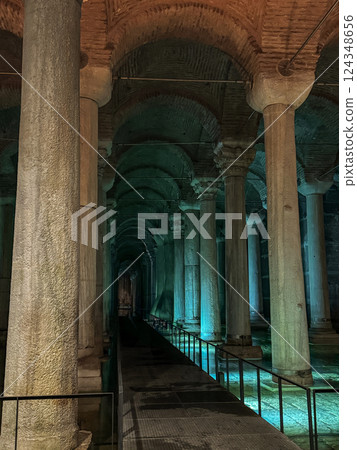 Basilica Cistern with Illuminated Ancient Columns and Water, Istanbul, Turkey 124348656