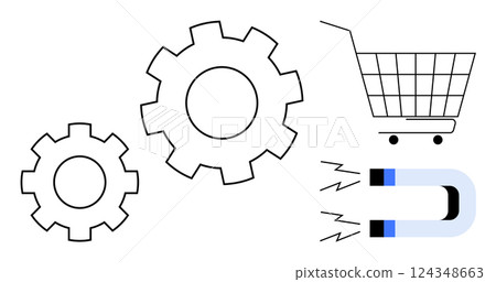 Cogs and gears linked with a shopping cart and a magnet symbolize e-commerce processes, customer attraction, and engagement. Ideal for digital marketing, e-commerce, technology, business strategy Cogs and gears linked with a shopping cart and a magnet symbolize e-commerce processes, customer attraction, and engagement. Ideal for digital marketing, e-commerce, technology, business strategy 124348663