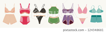Collection of elegant lingerie. Fashion colorful lingerie, lingerie set. Panties, bikinis and bras. Modern collection women's underwear, lace. Collection of elegant lingerie. Fashion colorful lingerie, lingerie set. Panties, bikinis and bras. Modern collection women's underwear, lace. 124348681