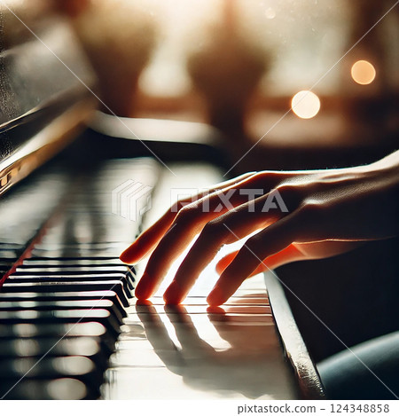 鋼琴聲被光線包裹著,雙手彈奏著安靜的旋律 鋼琴聲被光線包裹著,雙手彈奏著安靜的旋律 124348858