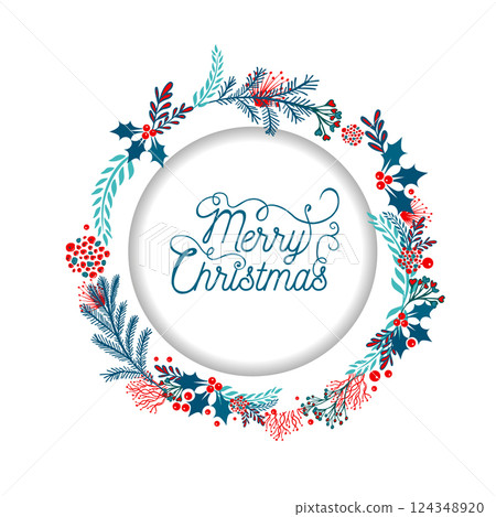 New year and Merry Christmas wreath beautiful. hand drawing. Christmas card. Not AI, Vector illustrations. New year and Merry Christmas wreath beautiful. hand drawing. Christmas card. Not AI, Vector illustrations. 124348920