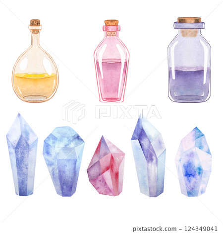 Herbology, bottle, jar, crystal, potion, witchcraft, alchemy, watercolor, illustration, set, purple, orange, green, decor, isolated background, scrapbook, decor Herbology, bottle, jar, crystal, potion, witchcraft, alchemy, watercolor, illustration, set, purple, orange, green, decor, isolated background, scrapbook, decor 124349041