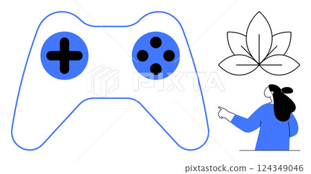 Game controller with blue buttons and black symbols, leaf design resembling a lotus, and a person with black hair in blue attire pointing. Ideal for gaming, technology, digital design, education 124349046