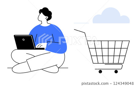 Person seated cross-legged using a laptop next to a shopping cart and cloud. Ideal for online shopping, e-commerce, digital marketing, internet technology, and modern lifestyle. Simple vector style 124349048