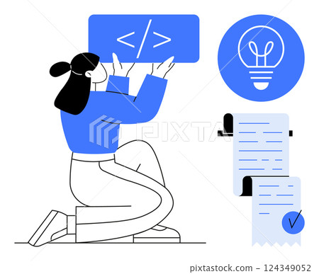 Person kneels holding a code symbol above head, beside a lightbulb representing creativity, and a document with a checkmark. Ideal for web development, coding, programming, creativity, productivity 124349052