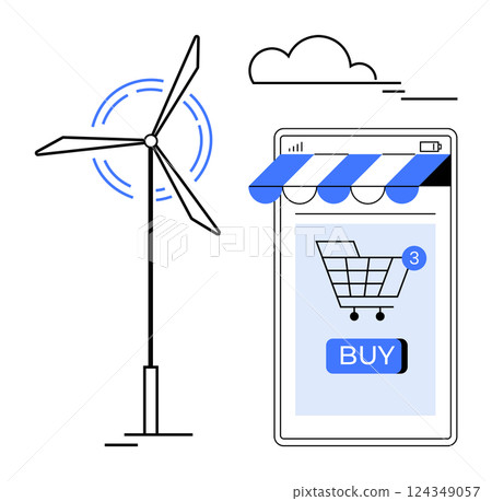 Wind turbine next to a smartphone with a shopping cart and buy button. Ideal for e-commerce, renewable energy, online shopping, tech advancements, sustainable practices. Simple vector style Wind turbine next to a smartphone with a shopping cart and buy button. Ideal for e-commerce, renewable energy, online shopping, tech advancements, sustainable practices. Simple vector style 124349057